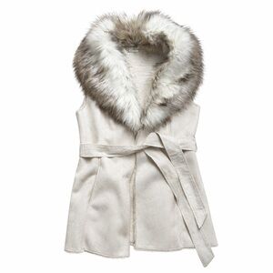 White House Black Market Cream Fleece Vest with Faux Fur Trim